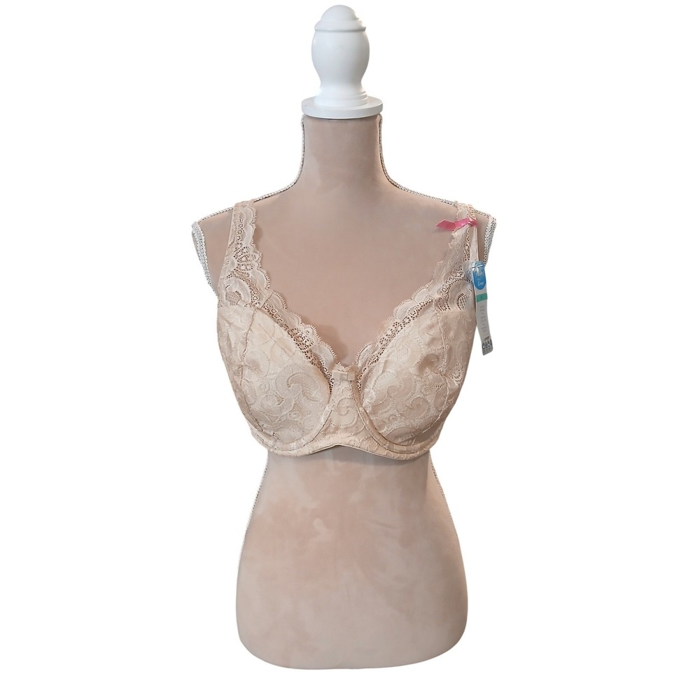 Playtex Love My Curves Lift Bra 40DD Beige Lace Plunge Neckline Stretch Cups